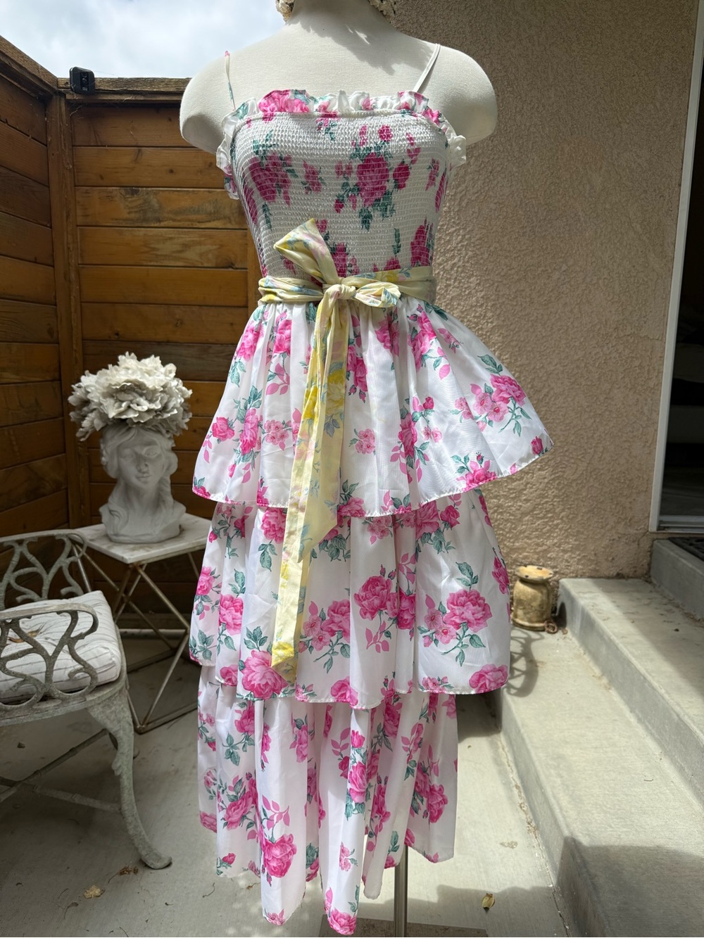 LoveShackFancy White Dress with Pink Rose and Green Leaf Print